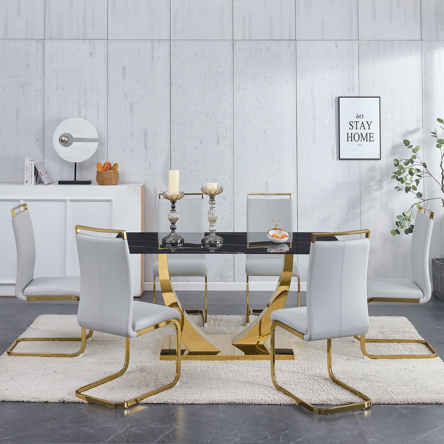 7-Piece Dining Table Set, Sudica Rectangular Faux Marble Kitchen Table with 6 Leather Gold Legs Dining Chairs, Light Gray