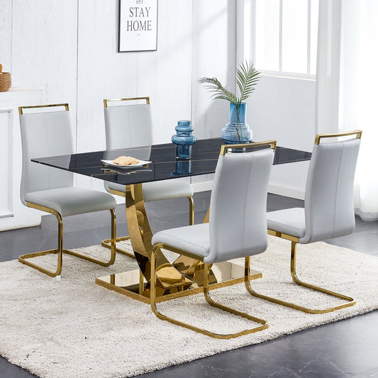 5-Piece Dining Table Set, Sudica Rectangular Faux Marble Kitchen Table with 4 Leather Gold Legs Dining Chairs, Light Gray