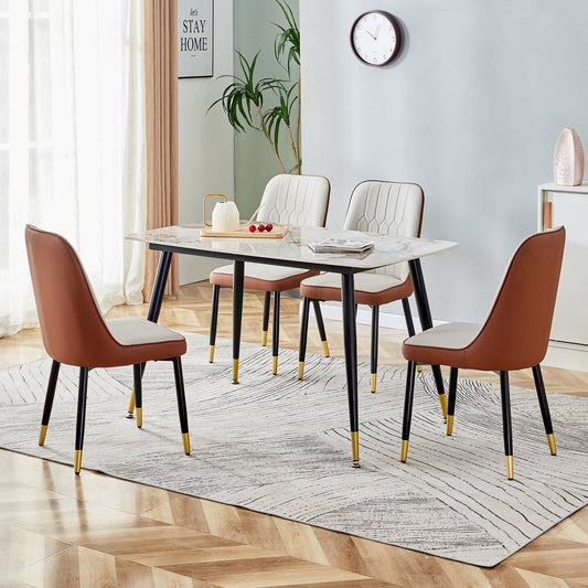 Sudica 5-Piece Dining Table Set,White Faux Marble Dining Tabletop with 4 Faux Leather Dining Room Chairs, Brown