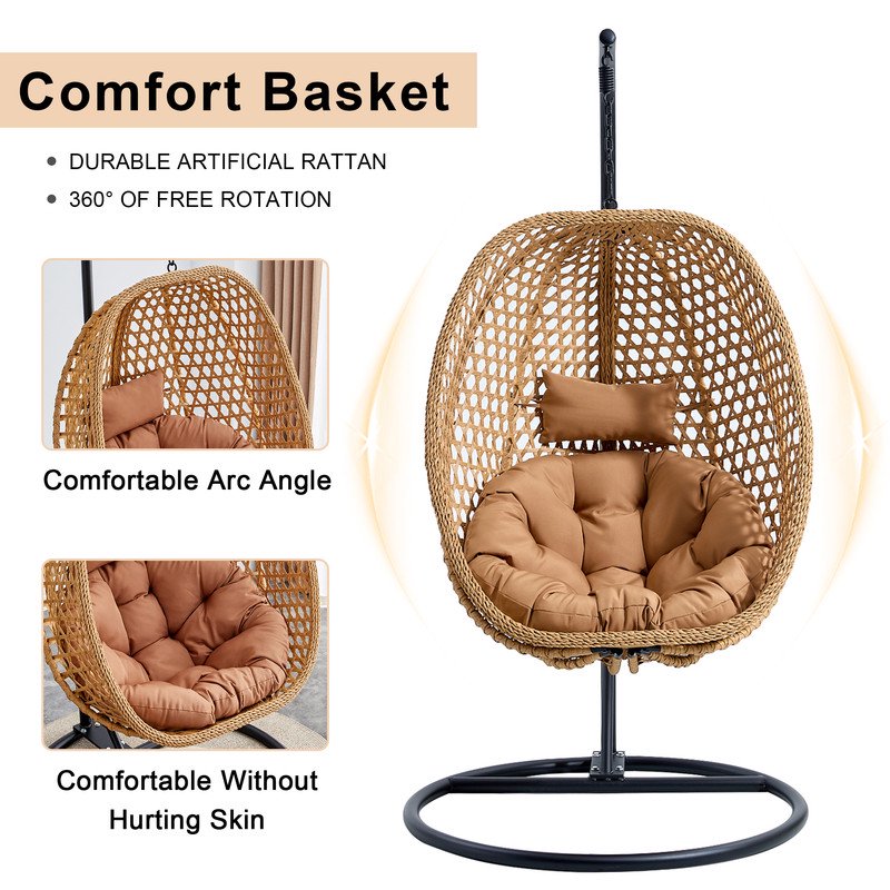 Hanging Egg Chair with Stand,Sudica Patio Soft Cushion Rattan Wicker Egg Swing Chair with Pillow for Bedroom,Balcony Backyard,Garden 350lbs Capacity,Light Browm