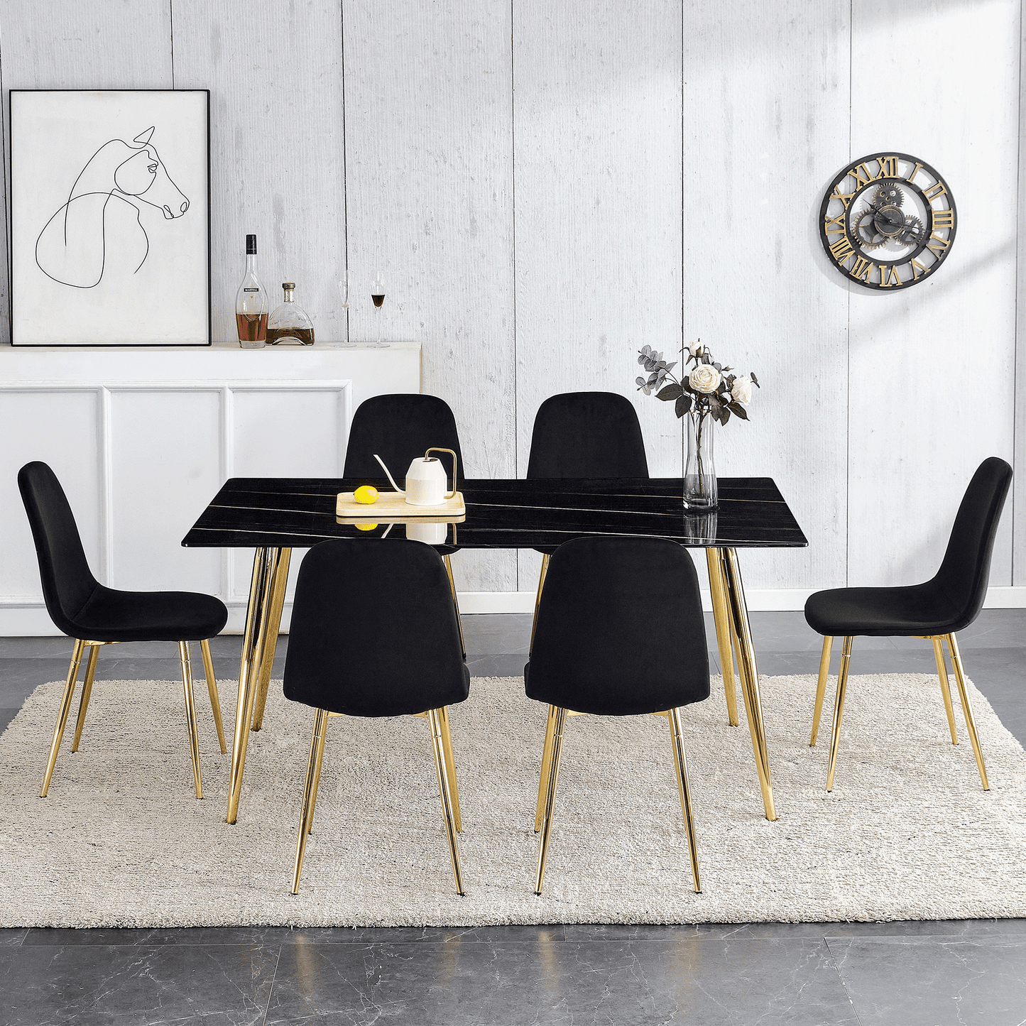 Marble Dining Table Set for 6,Sudica 63" Rectangular Black Faux Marble Kitchen Table with 4 Velvet Dining Chairs