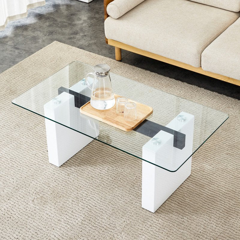 Sudica Rectangular Coffee Table, 43 inch Modern Tea Table with Tempered Glass Tabletop and White Legs for Living Room