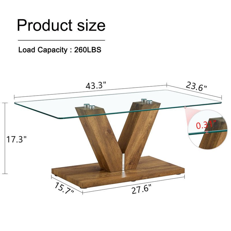 Sudica Modern Coffee Table with Tempered Glass Tabletop, 43 inch Tea Table with Wooden V Shape Base for Living Room