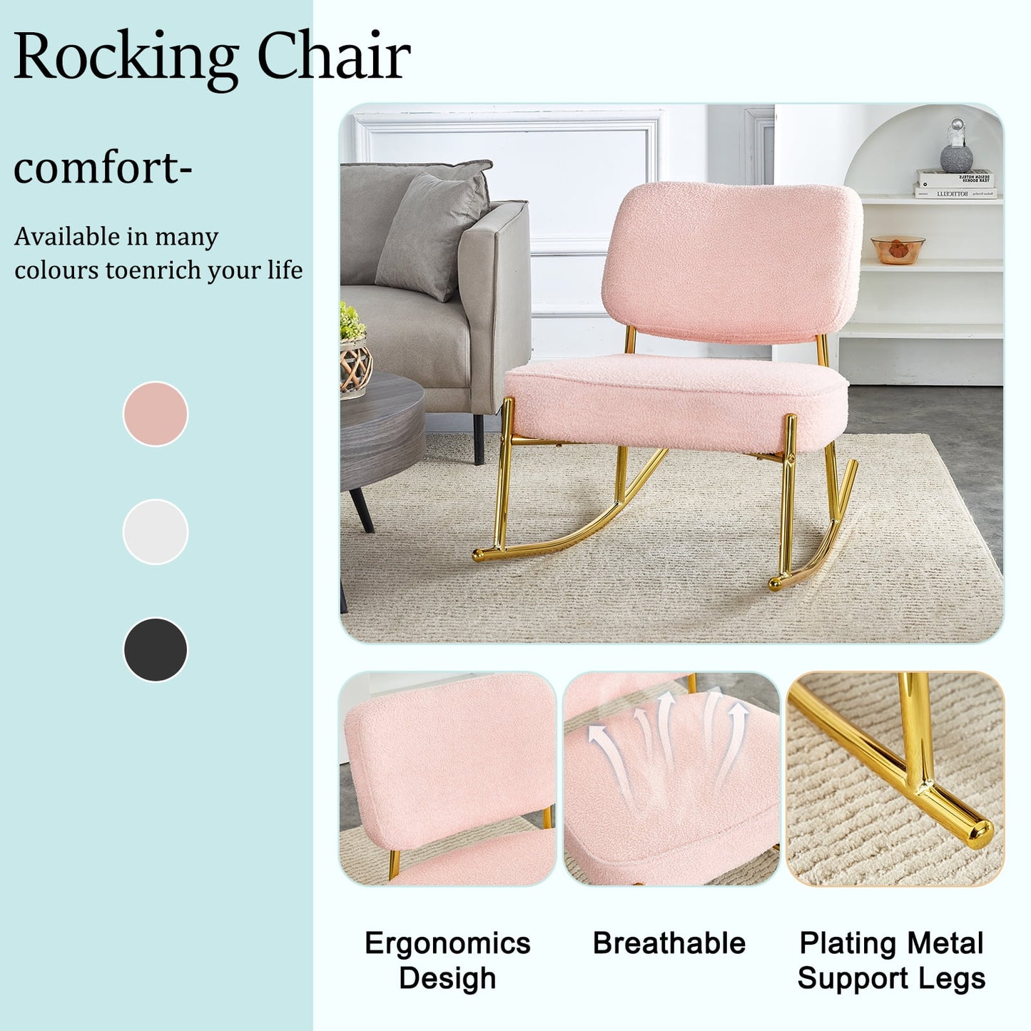 Sudica Velvet Rocking Accent Chairs with Metal Legs, Upholstered Modern Armless Rocker Chair for Bedroom,Pink