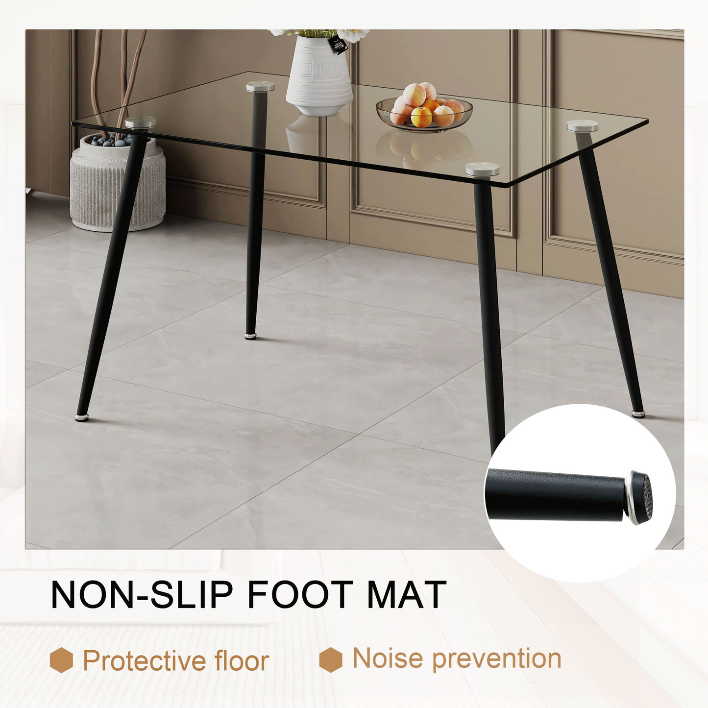 Sudica Glass Dining Table with Black Metal Legs, 51.2" Rectangular Kitchen Table for Dining Room