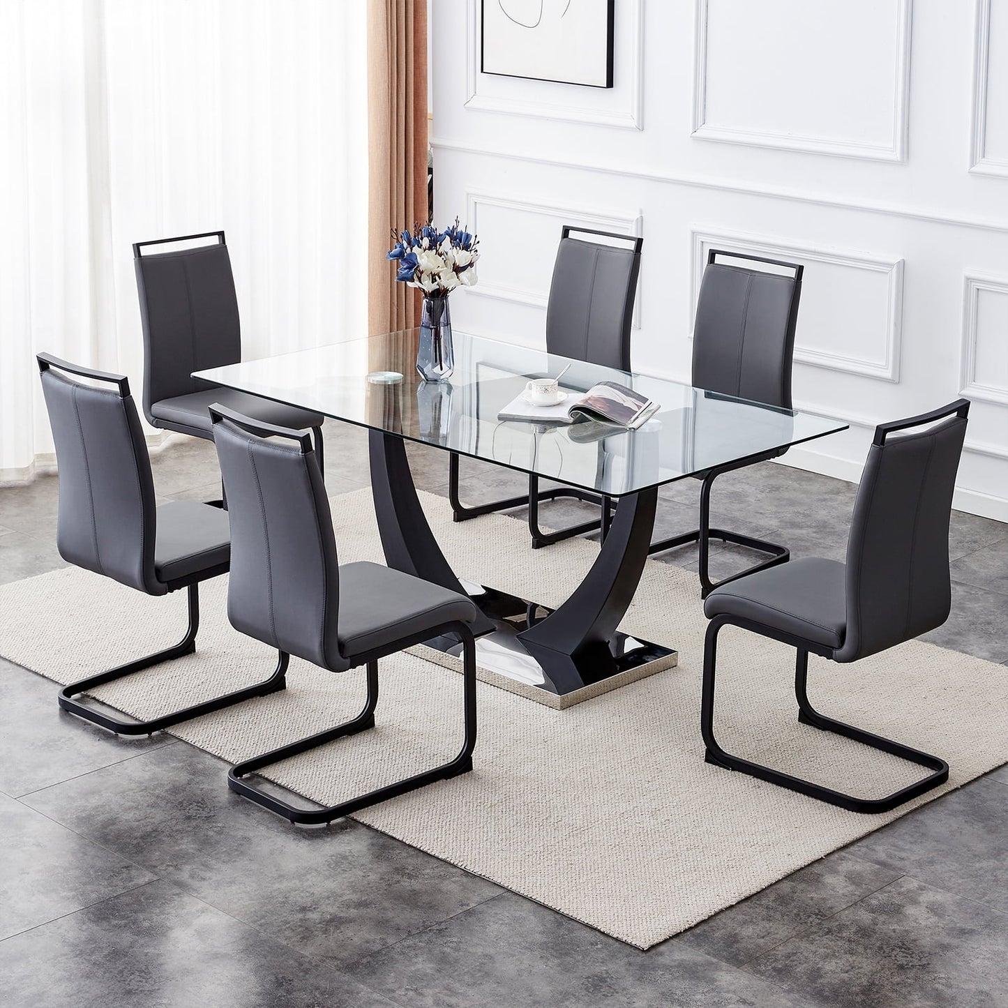 7-Piece 67"Glass Dining Table Set, Sudica Modern Table & Chair Set with 6 PU Leather Padded Dining Chairs, Gray