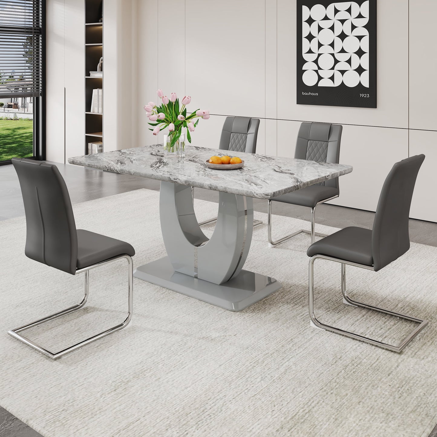 Sudica Dining Table Set with 4 Leather Dining Room Chairs, 63" Large Rectangular Marble Dining Table and Chairs Set, Gray