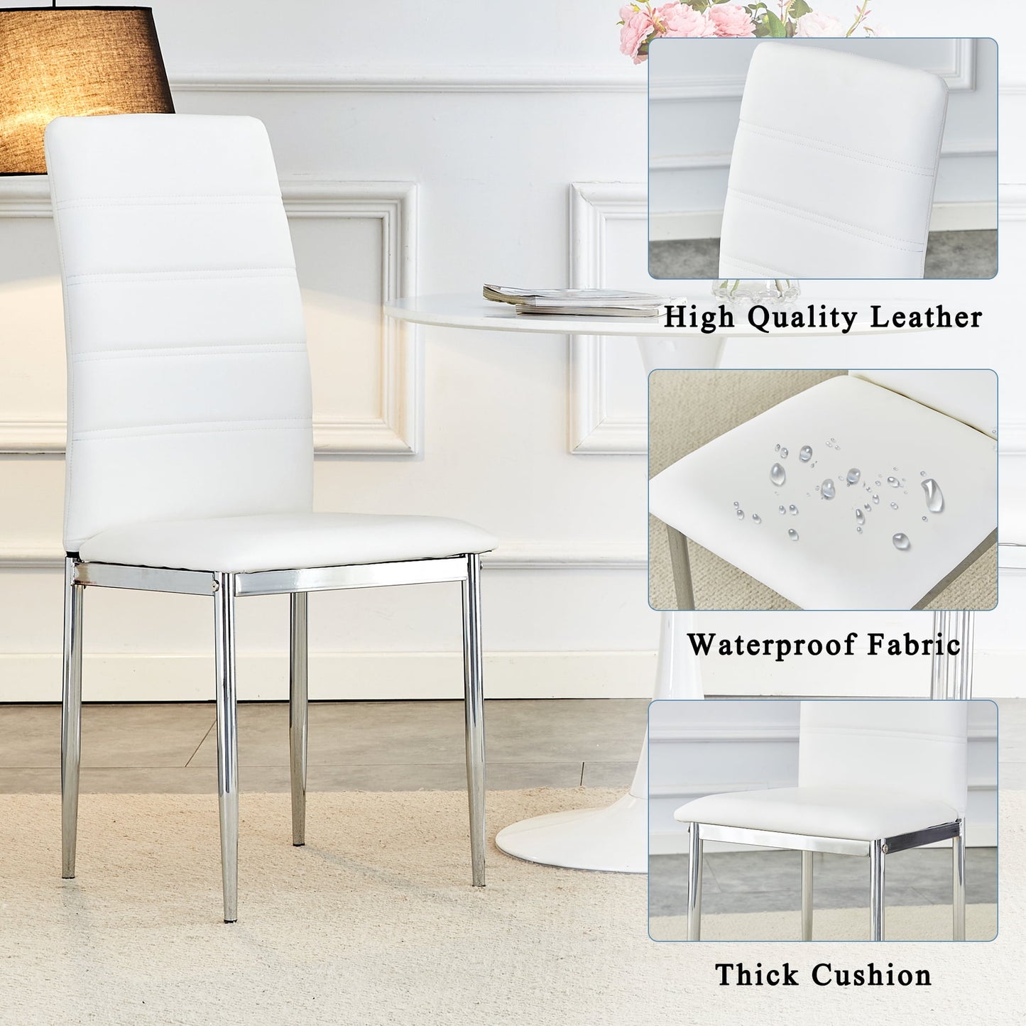 Sudica Compact Dining Table and Chair Set for 6, 63" Faux Marble Kitchen Table and PU Leather Chairs for Dining Room, White