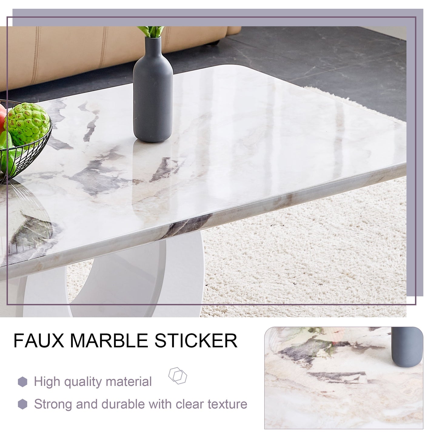 Marble Coffee Table Sudica Modern Rectangular Center Table with U-Shape Base for Living Room, White