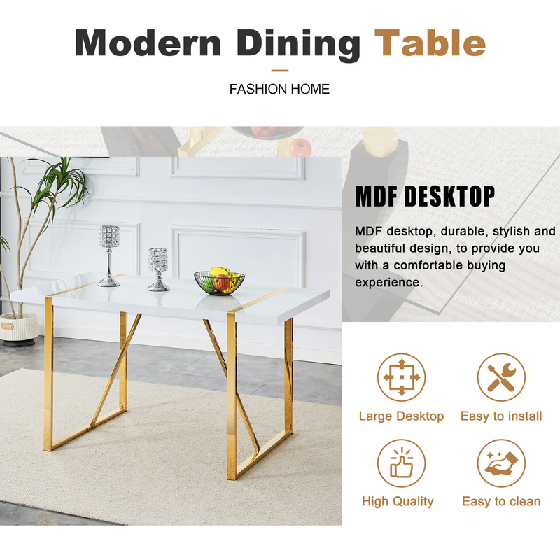 Rectangular Dining Table For 4-6 Person,Sudica 51 inch White Tabletop and golden Metal Legs,for Dining Room,Kitchen