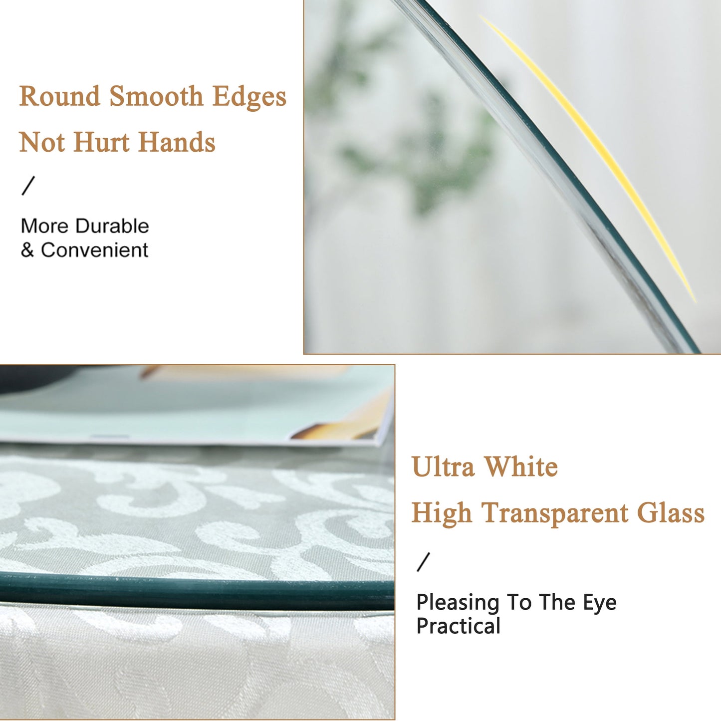 Sudica 36 Inch Round Glass Table Top 1/3" Thick Ogee Edge Polish Clear Tempered Glass Table Top