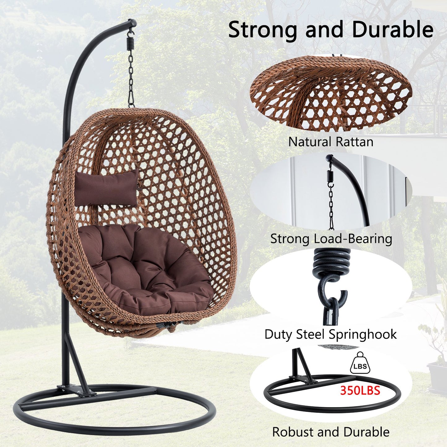 Hanging Egg Chair with Stand, Sudica Patio Soft Cushion Rattan Wicker Egg Swing Chair for Bedroom, Garden 350lbs Capacity, Dark Brown