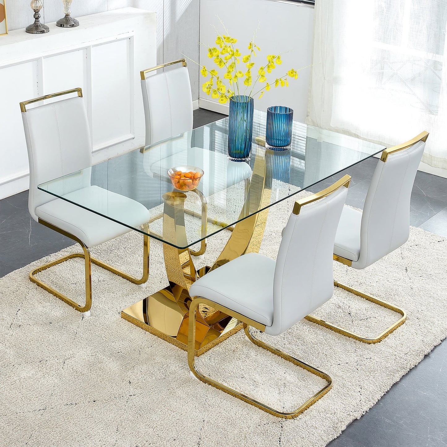 Glass Dining Table Set for 4, Sudica 63"Rectangular Dining Room Table and Leather Dining Chairs Set with Chrome Gold Legs, Light Gray