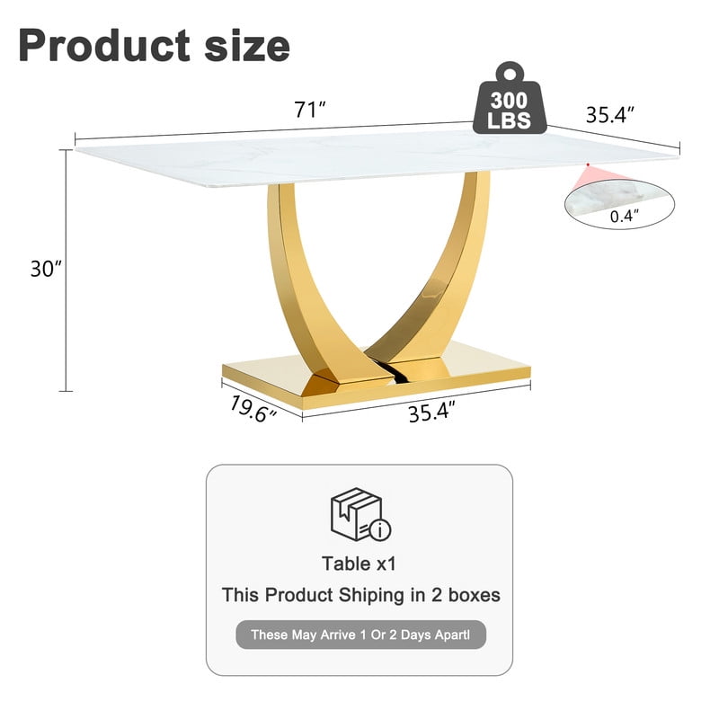 Sudica Modern Dining Table with White Marble Patterned Tabletop, 71 inch Large Dining Room Table with Golden U shape Base for Kitchen