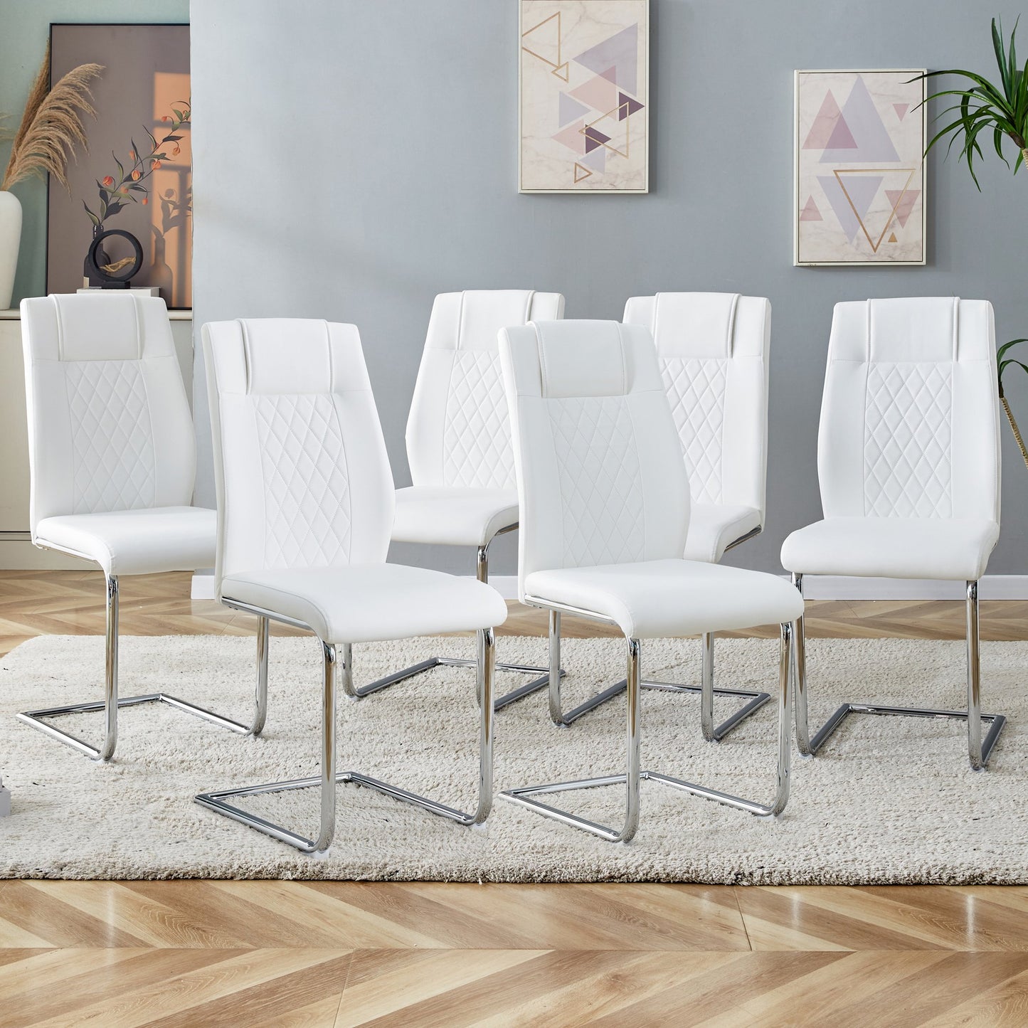 Sudica Upholstered Dining Chairs Set of 6 PU Leather Dining Room Chair with Silver Metal Legs，White