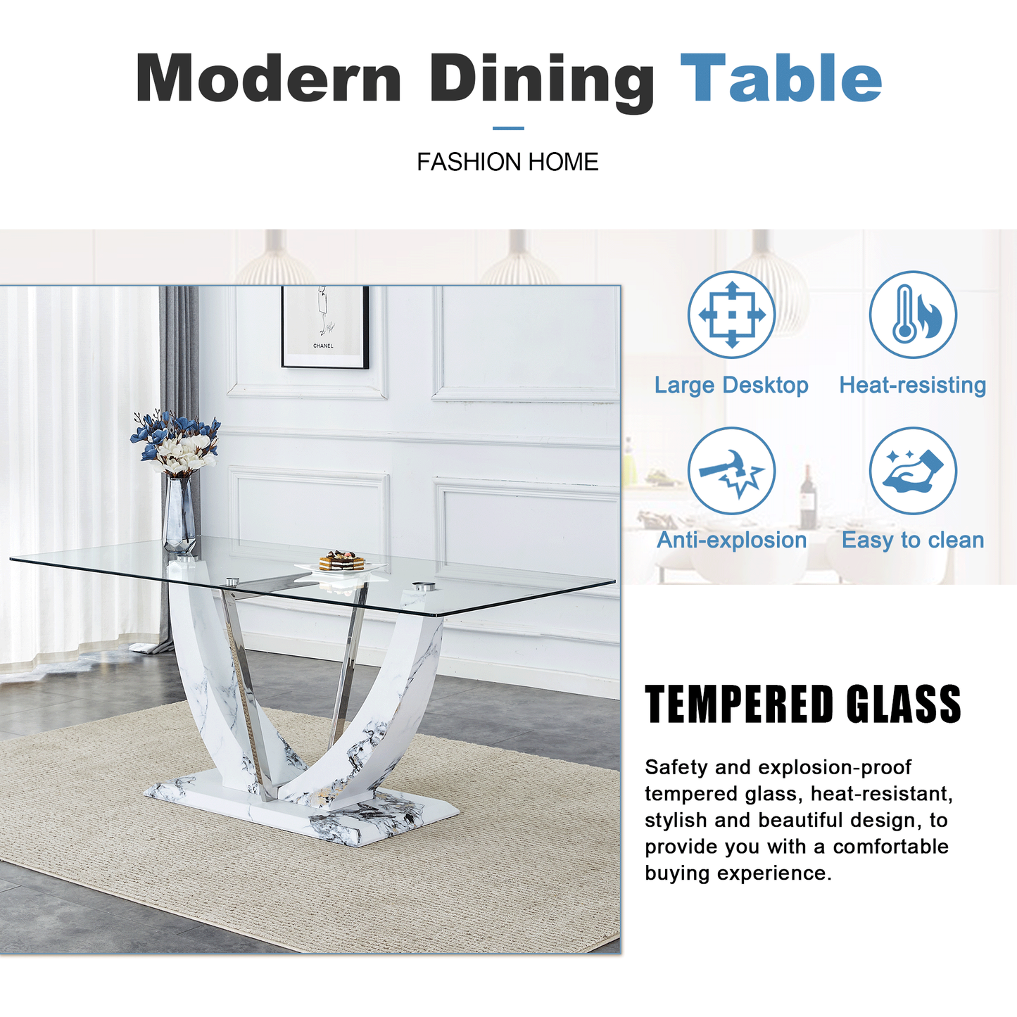 Sudica Glass Dining Table 71 inch Modern Kitchen Dining Room Table with White Marble U-Shape Base