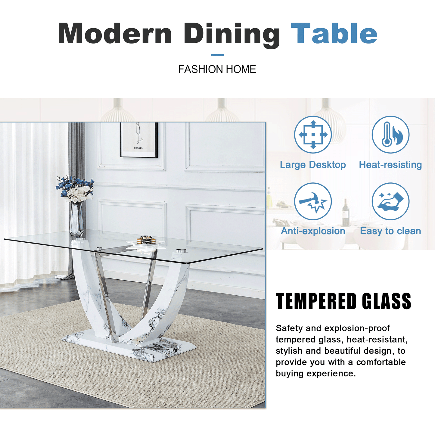 Sudica 71"Glass Dining Table with Chairs for 6, Rectangular Glass Table with Upholstered Dining Room Chairs. White