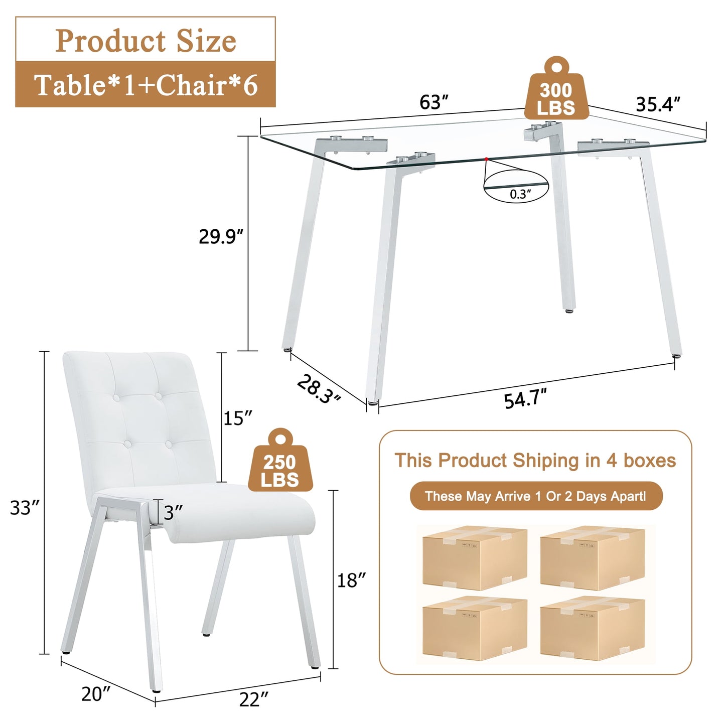 Sudica Dining Set for 6, Glass Rectangular Kitchen Table Set with Upholstered Faux Leather Dining Room Chairs,White