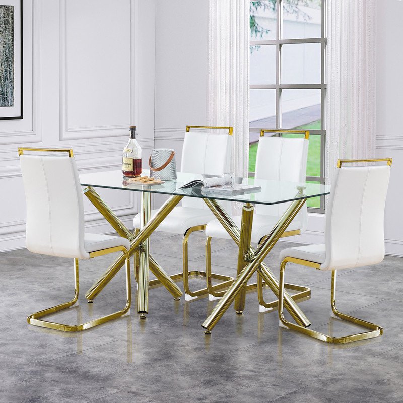 Modern Dining Chairs Set of 4 Sudica Faux Leather Dining Room Chairs with Golden Legs High Back Chair,White