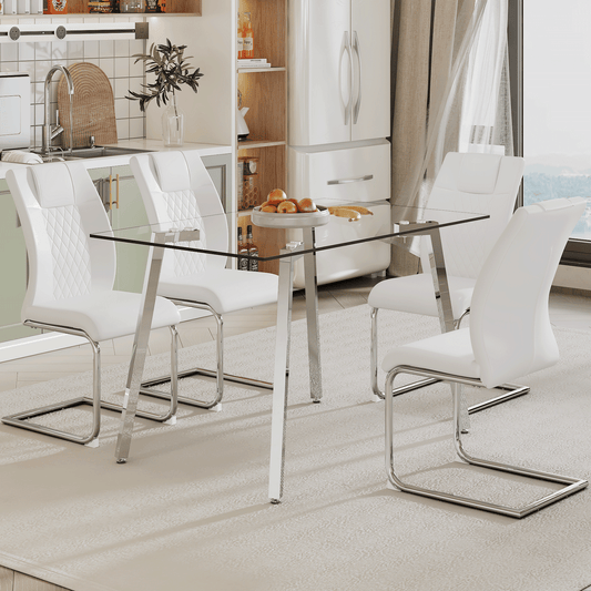 Sudica 51" Modern Dining Table Set for 4 Rectangular Glass Kitchen Table and PU Leather Dining Room Chairs, White