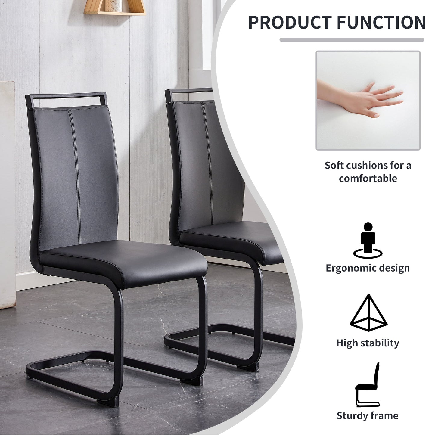 Modern Dining Side Chair Set of 4, PU Leather Side Chairs with Metal Legs for Home, Black