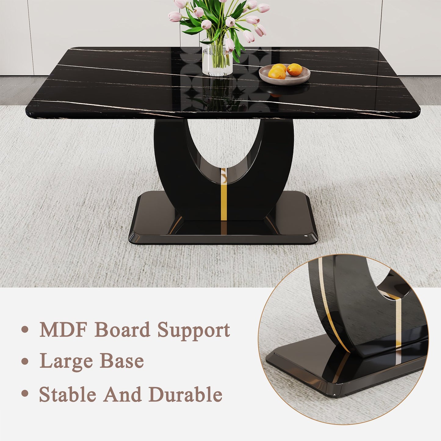 63 inch Faux Marble Dining Table for 6 ，Sudica Faux Marble Dining Room MDF Table with U-Shaped Bracket Support, Black