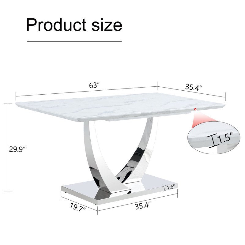 Sudica Modern Dining Table with White Marble Patterned Tabletop, 63 inch Large Dining Room Table with Silver U shape Base for Kitchen