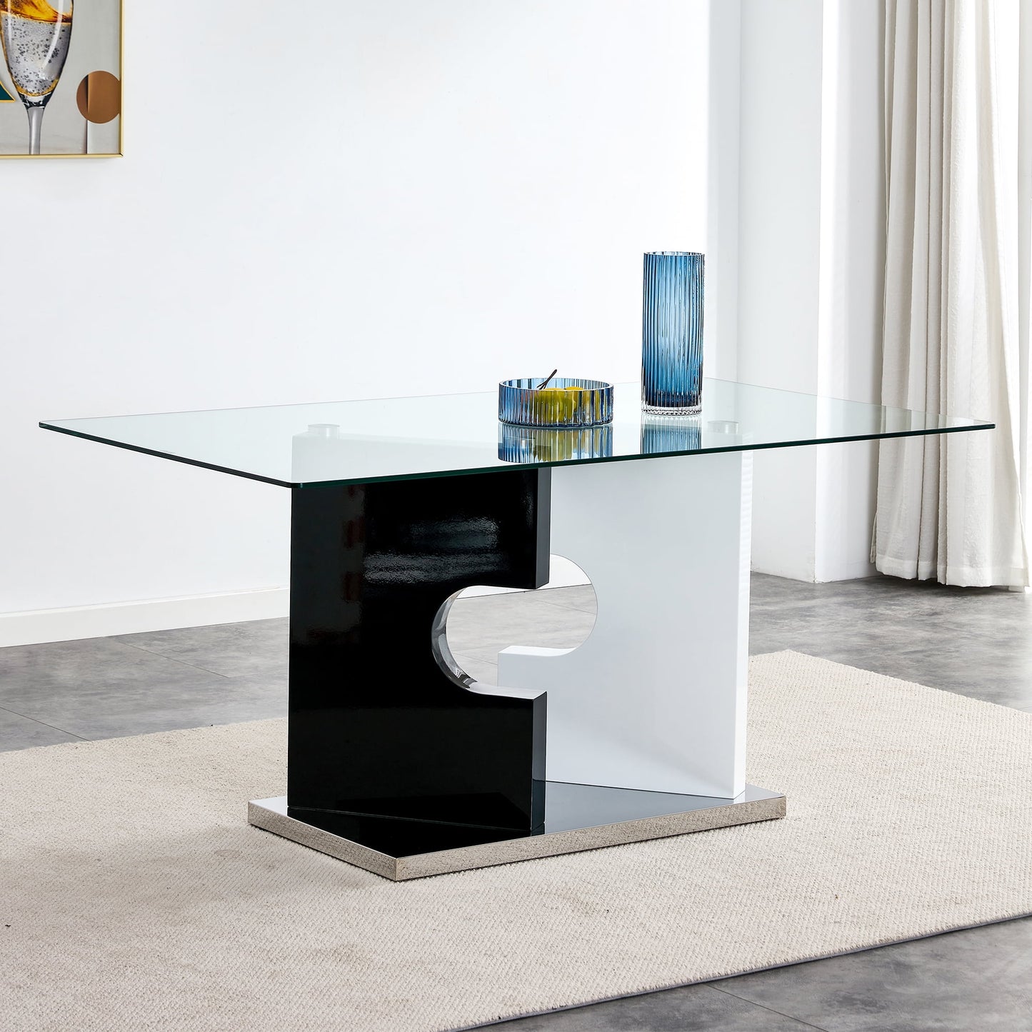 Sudica Glass Dining Table, 63" Large Dining Table with Black and White Base for Kitchen Dining Room