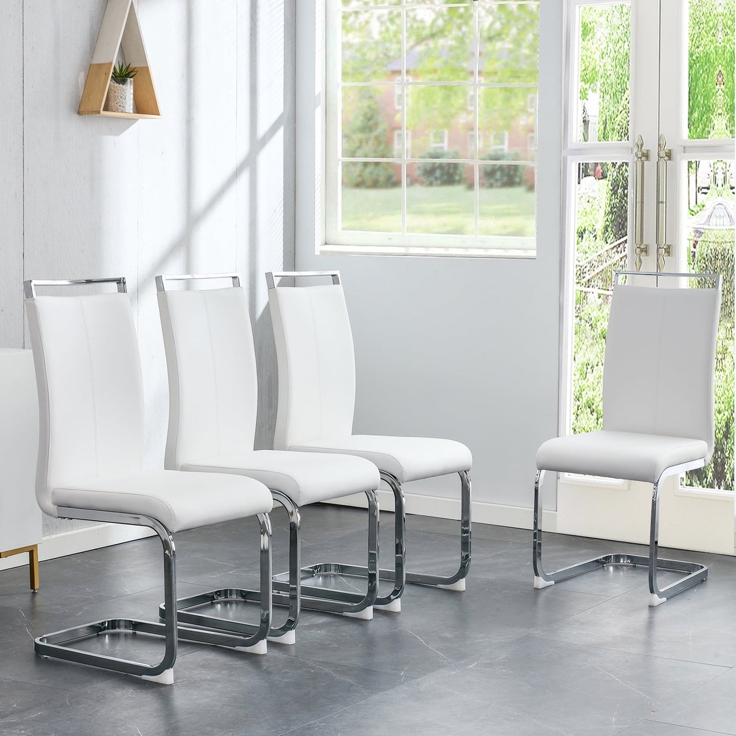 Sudica Dining Chairs Set of 4 Upholstered PU Leather Modern Kitchen Chairs with Chomon Legs, White