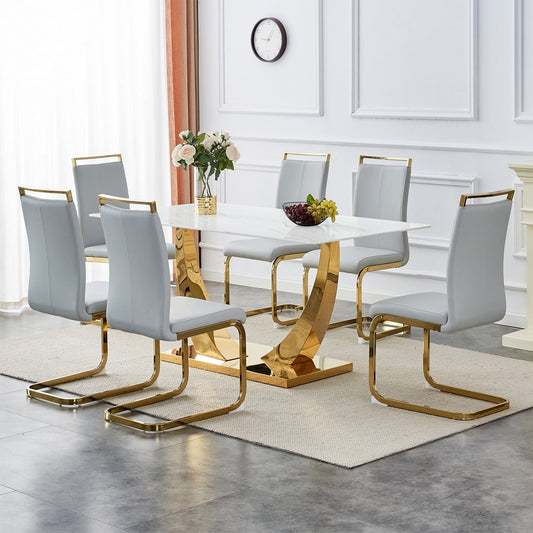 Dining Table Set for 6, Sudica Rectangular Faux Marble Kitchen Table with 4 Leather Gold Legs Dining Chairs,Light Gray