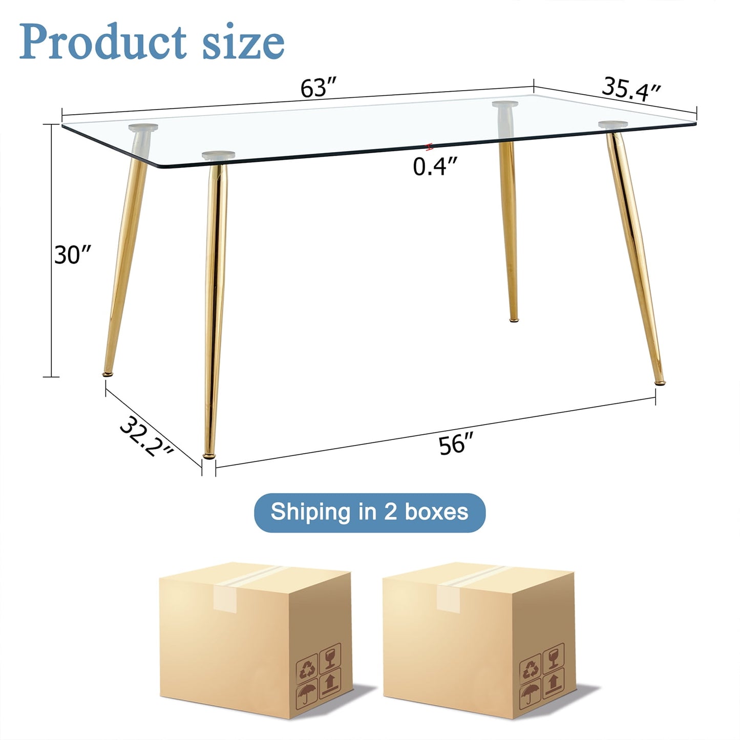 Tempered Glass Dining Table for 6, Sudica 63" Modern Rectangular Glass Kitchen Table with 4 Golden Plating Metal Legs