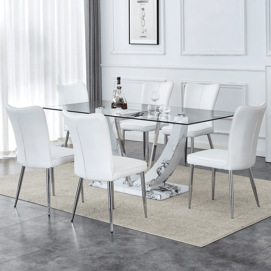 Sudica 71"Glass Dining Table with Chairs for 6, Rectangular Glass Table with Upholstered Dining Room Chairs. White