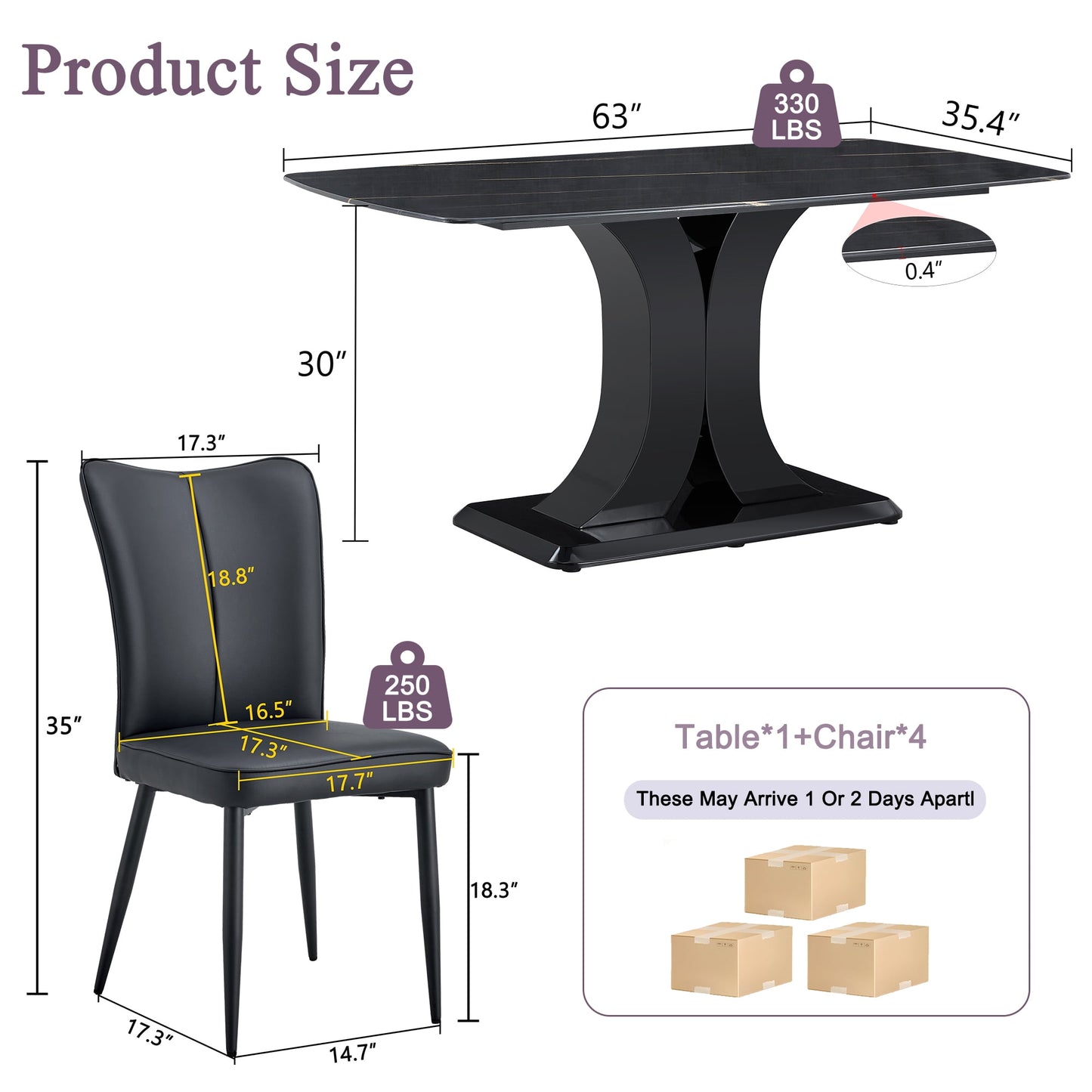 Sudica Marble Dining Set for 4, 63" Black Rectangular Kitchen Table with Modern PU Leather Dining Chairs, Black