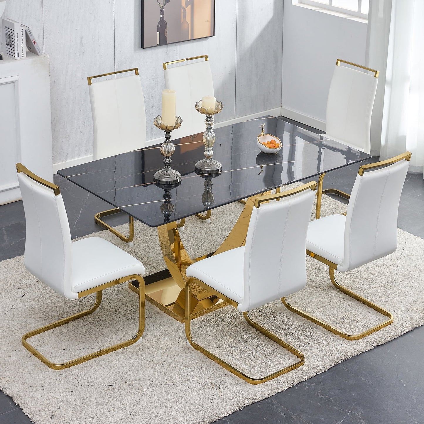 7-Piece Dining Table Set, Sudica Rectangular Faux Marble Kitchen Table with 6 Leather Gold Legs Dining Chairs, White