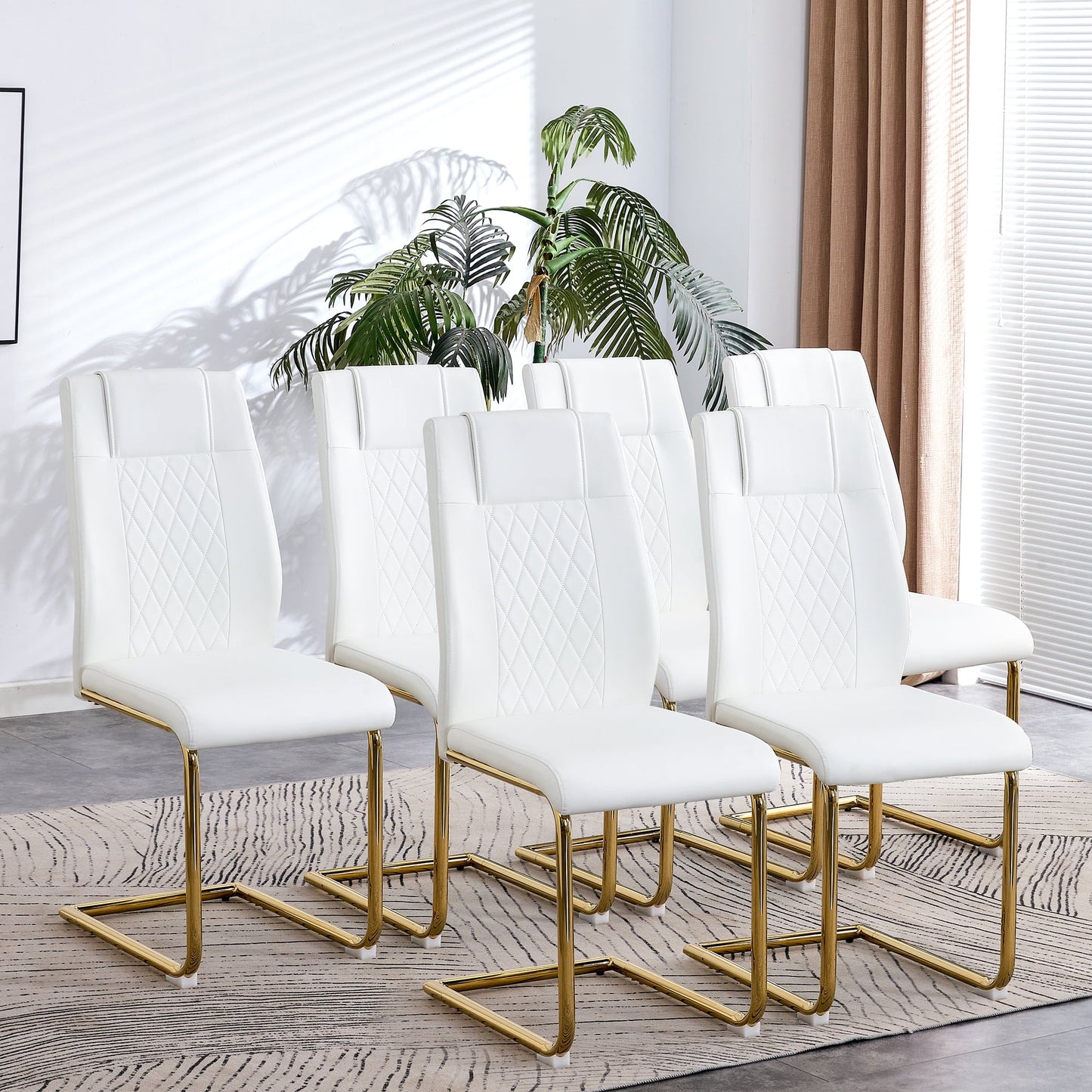 Sudica Upholstered Dining Chairs Set of 6 PU Leather Dining Room Chair with Golden Metal Legs£¬White