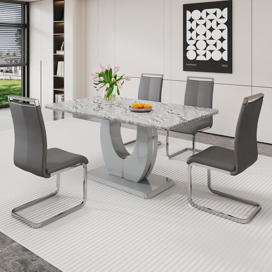 Modern Dining Table Set for 4,Sudica Rectangular Marble Kitchen Table Set with 4 PU Leather Upholstered Dining Room Chairs, Gray