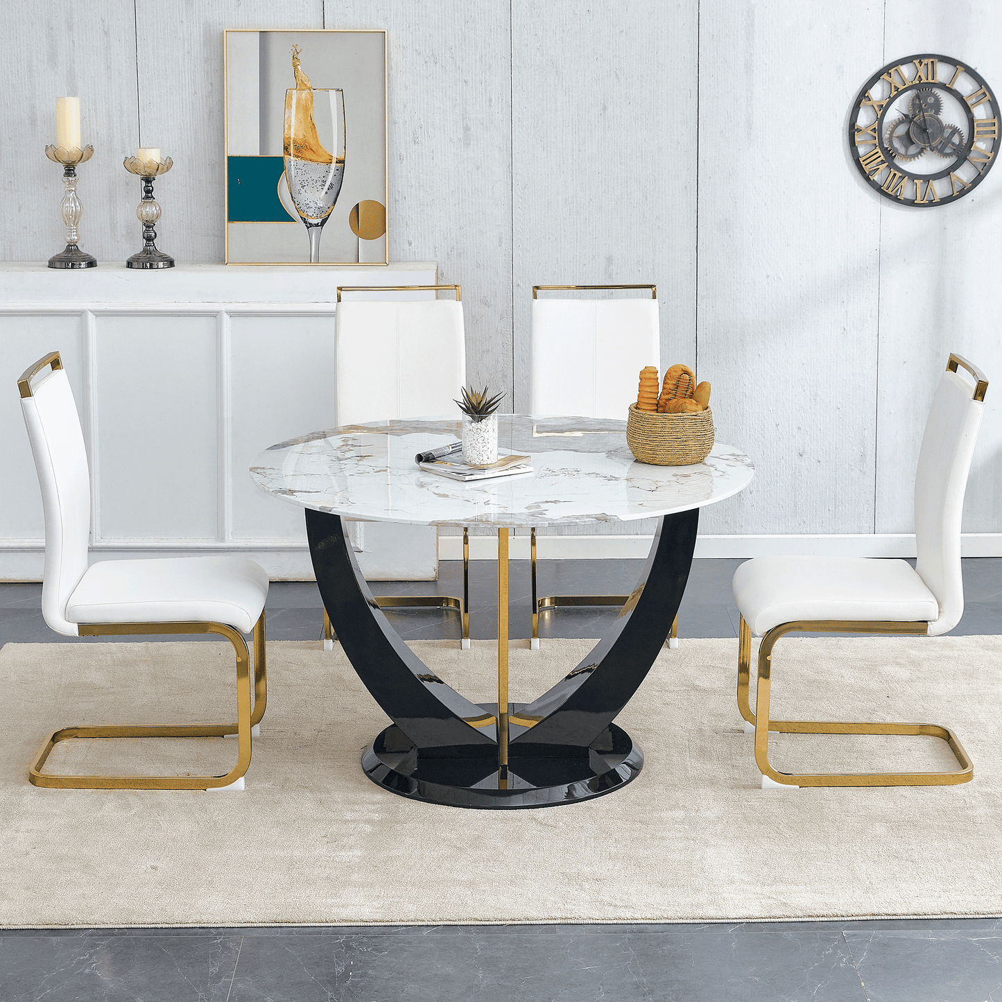 Sudica Round Dining Set for 4, 48" Round Marble Dining Table with PU Leather Dining Chairs, Gold Legs, White