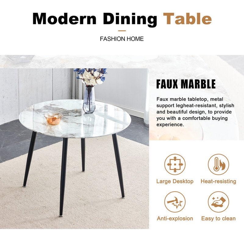 40 Inch Round Marble Dining Table for 4, Sudica Modern White Marble Table with Black Legs Compact Kitchen Table for Living Room