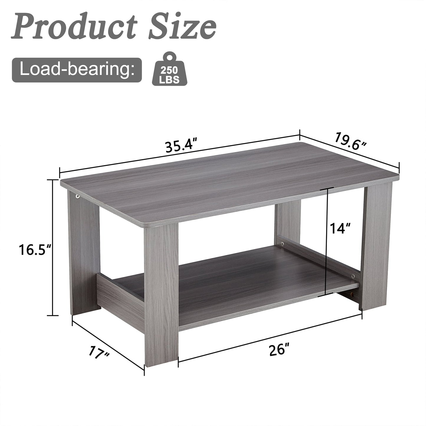 Sudica 35.4" Coffee Table with Storage Shelf Rectangular Rustic Wood Cocktail Table for Living Room,Gray