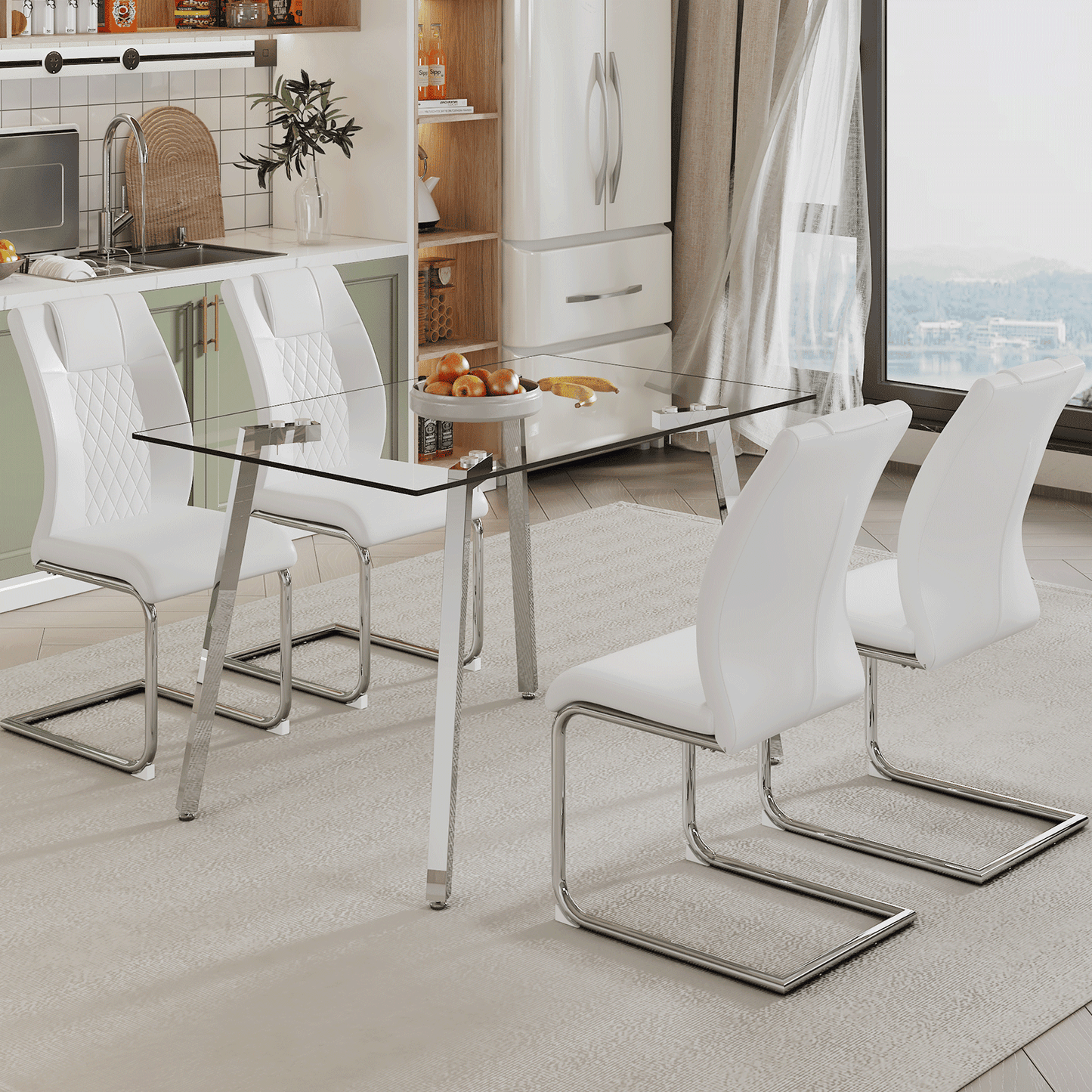 Sudica 51" Modern Dining Table Set for 4 Rectangular Glass Kitchen Table and PU Leather Dining Room Chairs, White