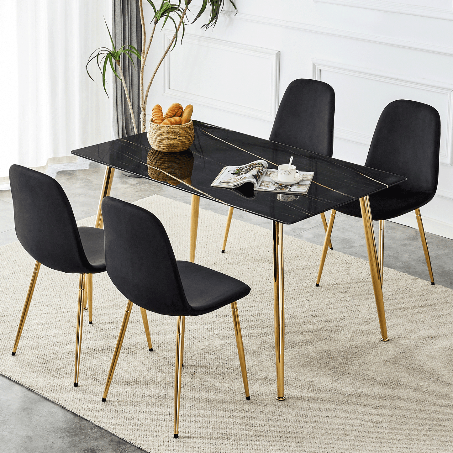 Marble Dining Table Set for 4,Sudica 51" Rectangular Black Faux Marble Kitchen Table with 4 Velvet Dining Chairs