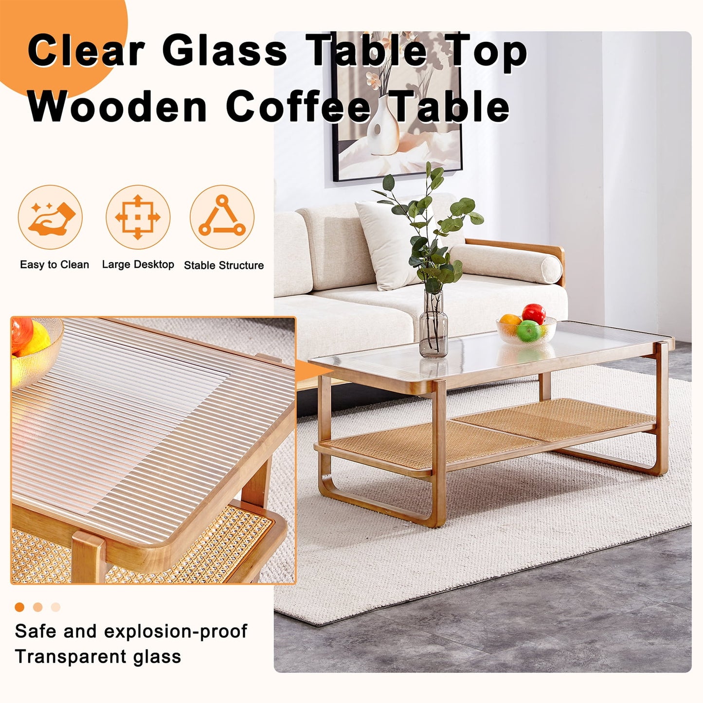 Sudica Rattan Coffee Table with Glass Top Wooden Rectangular Coffee Table with Storage Shelf