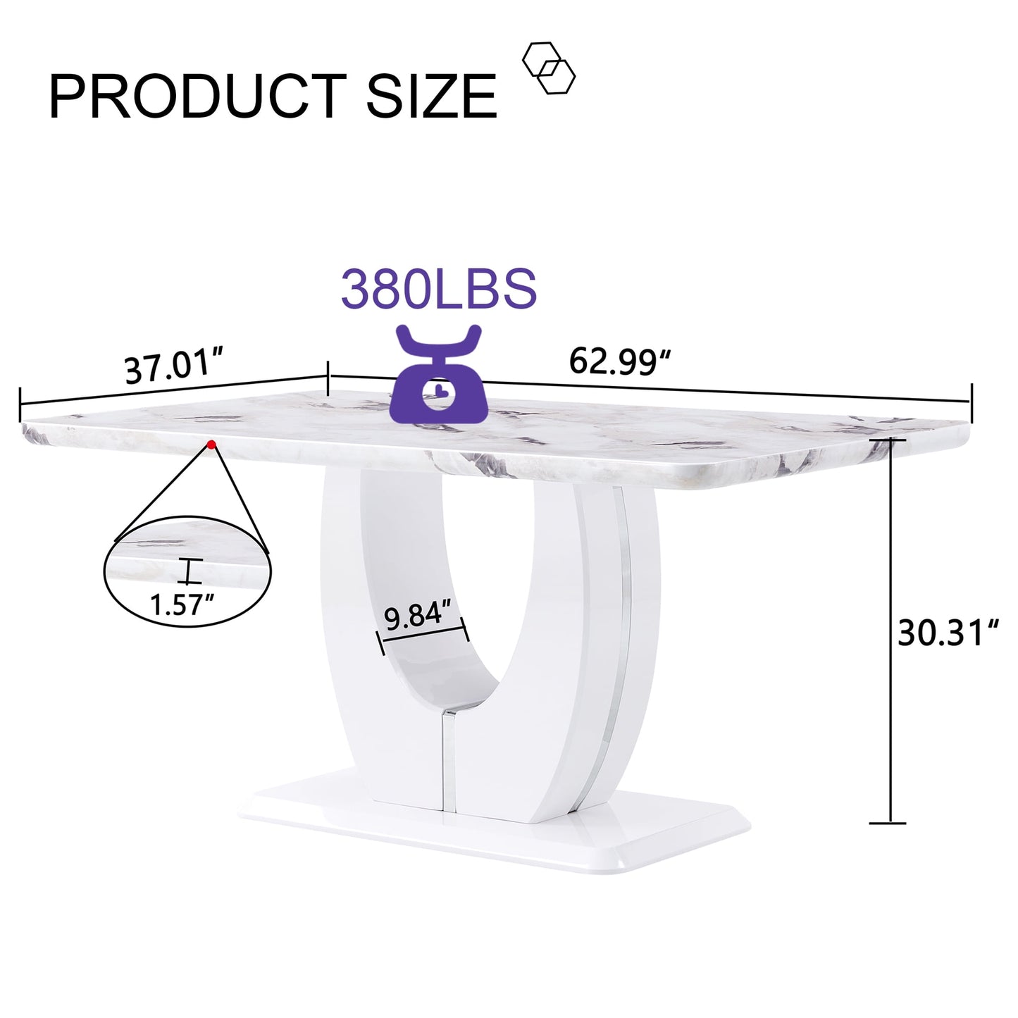 Sudica 63" Marble Dining Table for 6 White Faux Marble Dining Room MDF Table with U-Shaped Support