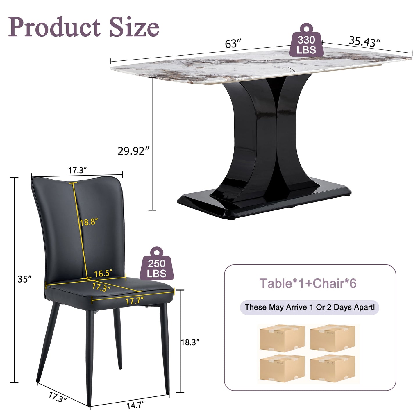 Sudica Marble Dining Set for 6, 63" White Rectangular Kitchen Table with Modern PU Leather Dining Chairs, Black