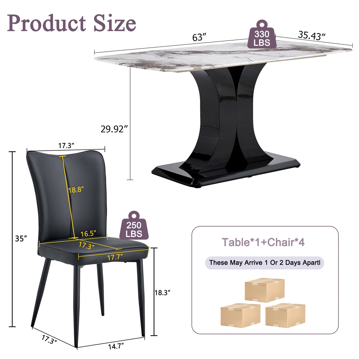 Sudica Marble Dining Set for 4, 63" White Rectangular Kitchen Table with Modern PU Leather Dining Chairs, Black