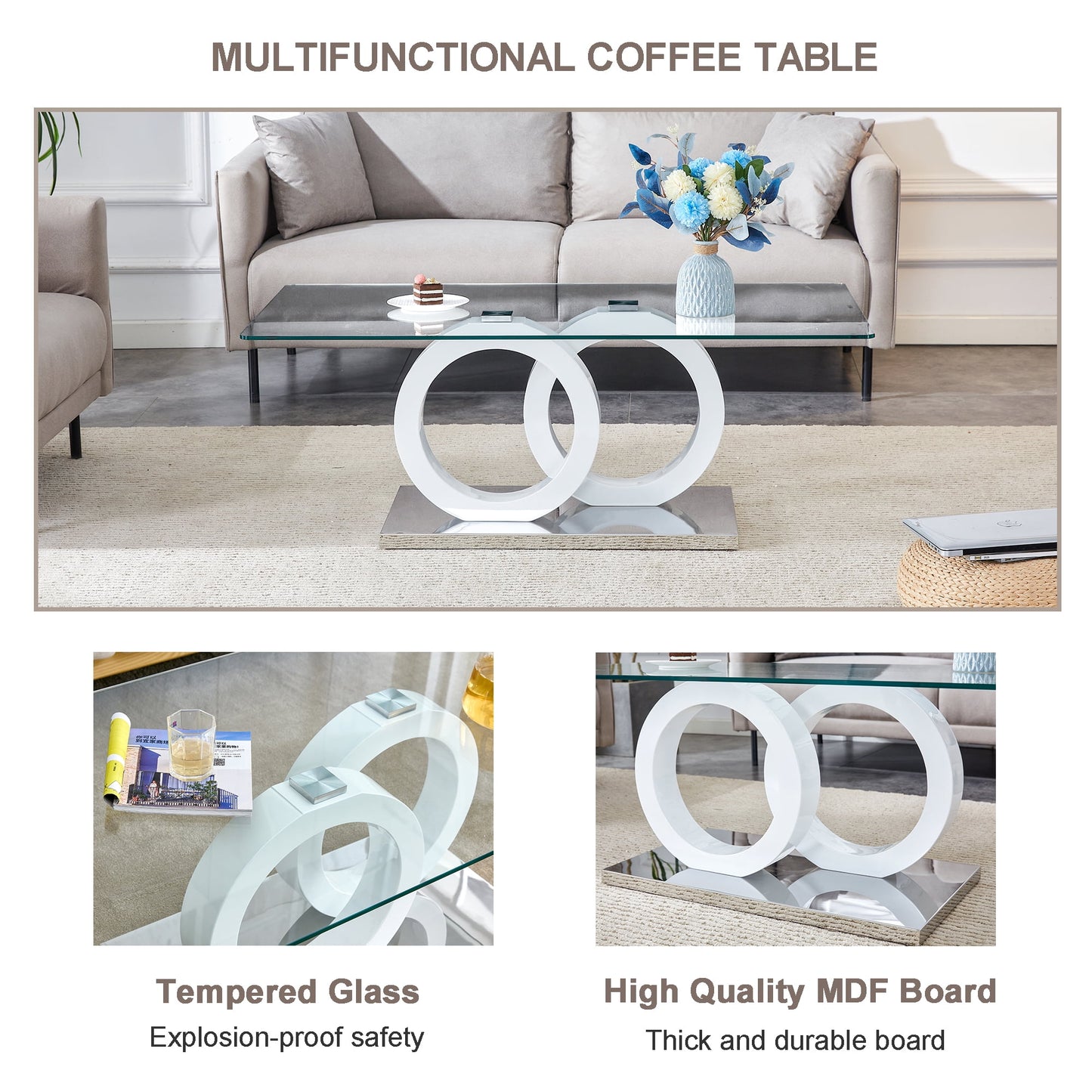 Sudica Rectangle Glass Coffee Table, Modern 47"x25 inch Tempered Glass Top Tea Table for Living Room, White Base