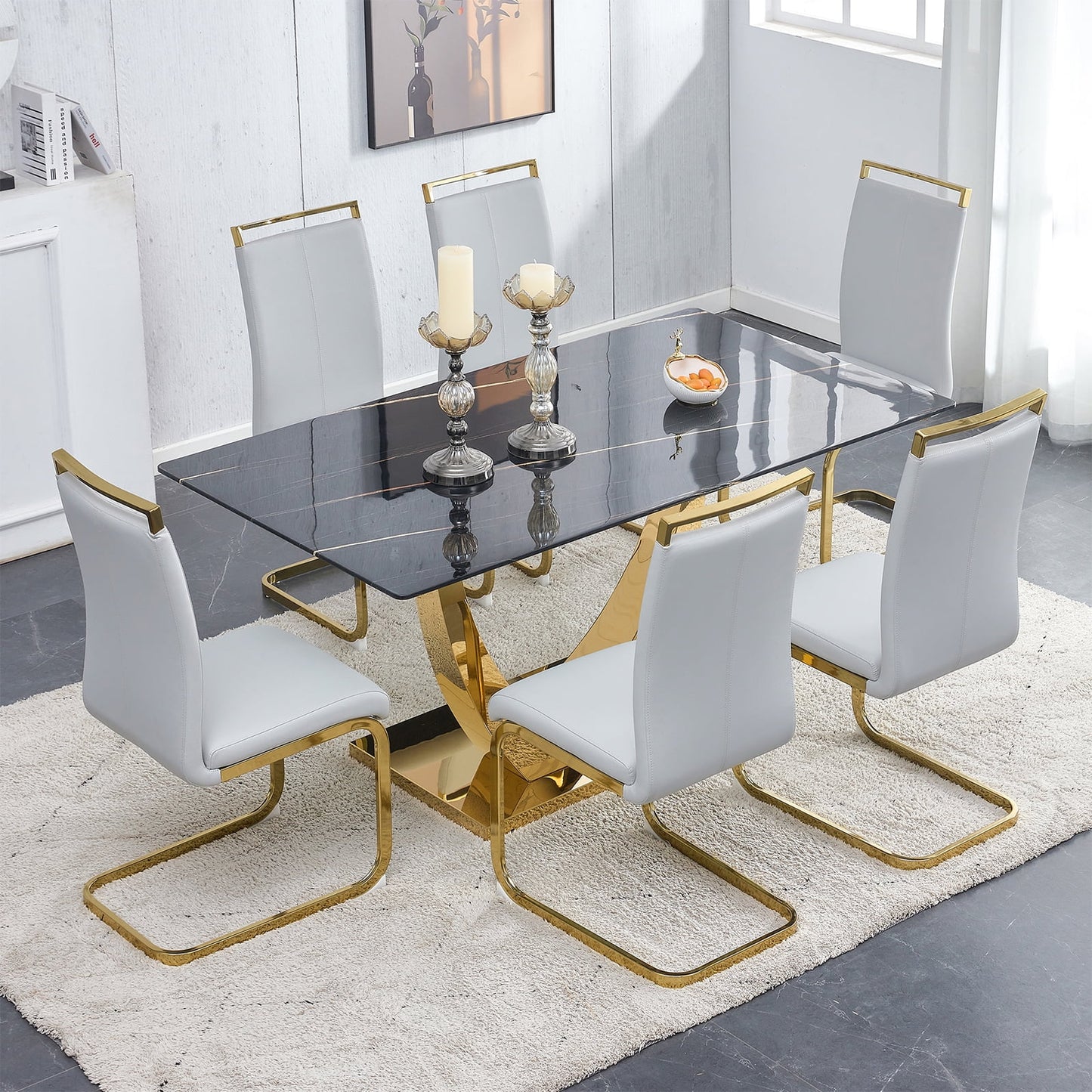 7-Piece Dining Table Set, Sudica Rectangular Faux Marble Kitchen Table with 6 Leather Gold Legs Dining Chairs, Light Gray