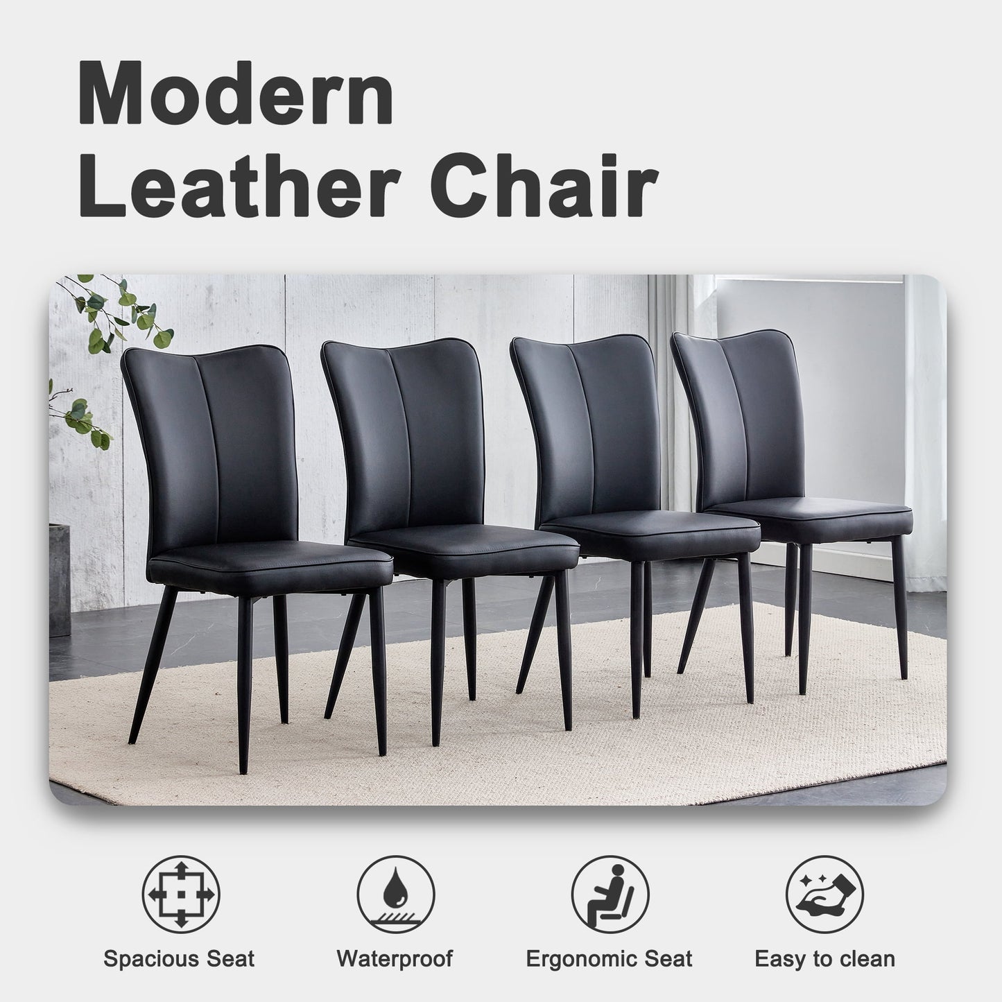 Sudica Modern Dining Chairs Set of 4, Upholstered Leather Kitchen Chairs with Black Metal Legs, Black