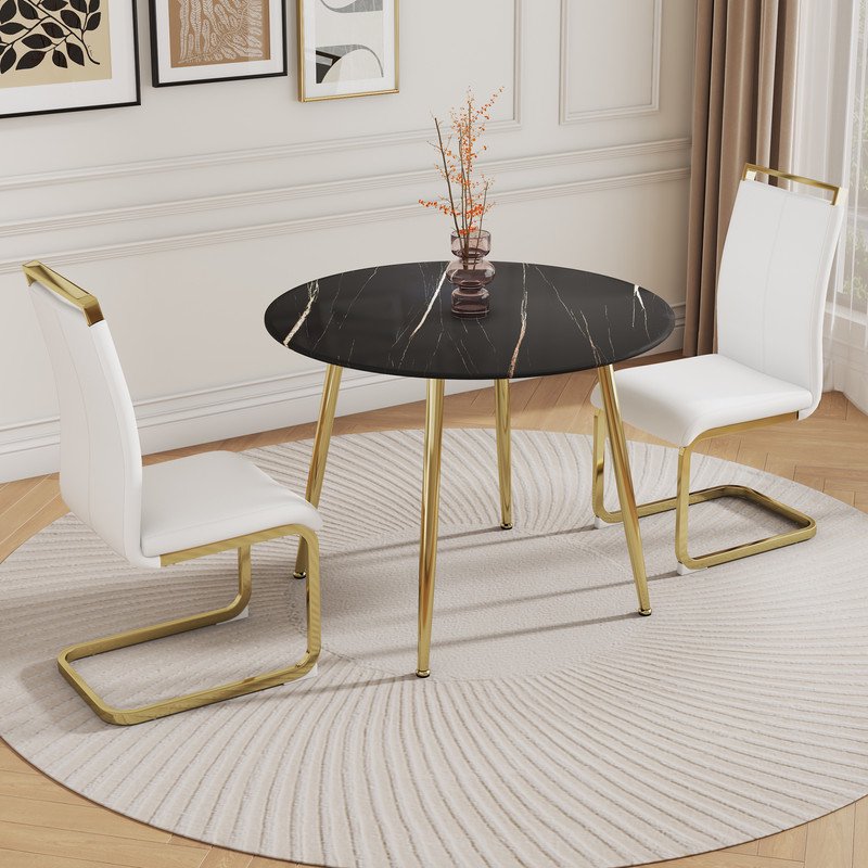 Black Marble Round Table Set for 2, 40 inch Black Dining Table with Gold Legs and Padded Dining Chairs for Meeting Room, Kitchen, White