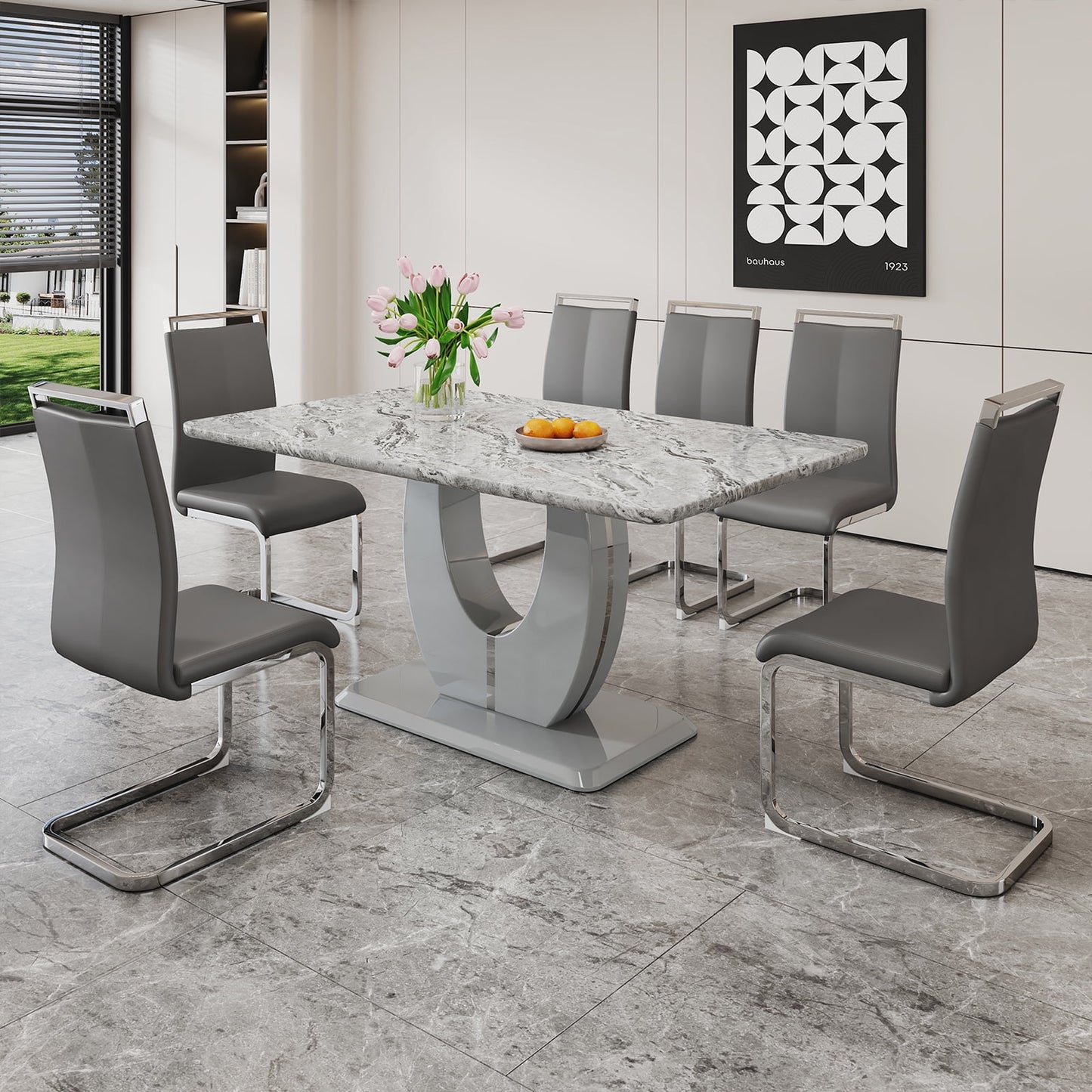 Modern Dining Table Set for 6,Sudica Rectangular Marble Kitchen Table Set with 6 PU Leather Upholstered Dining Room Chairs, Gray